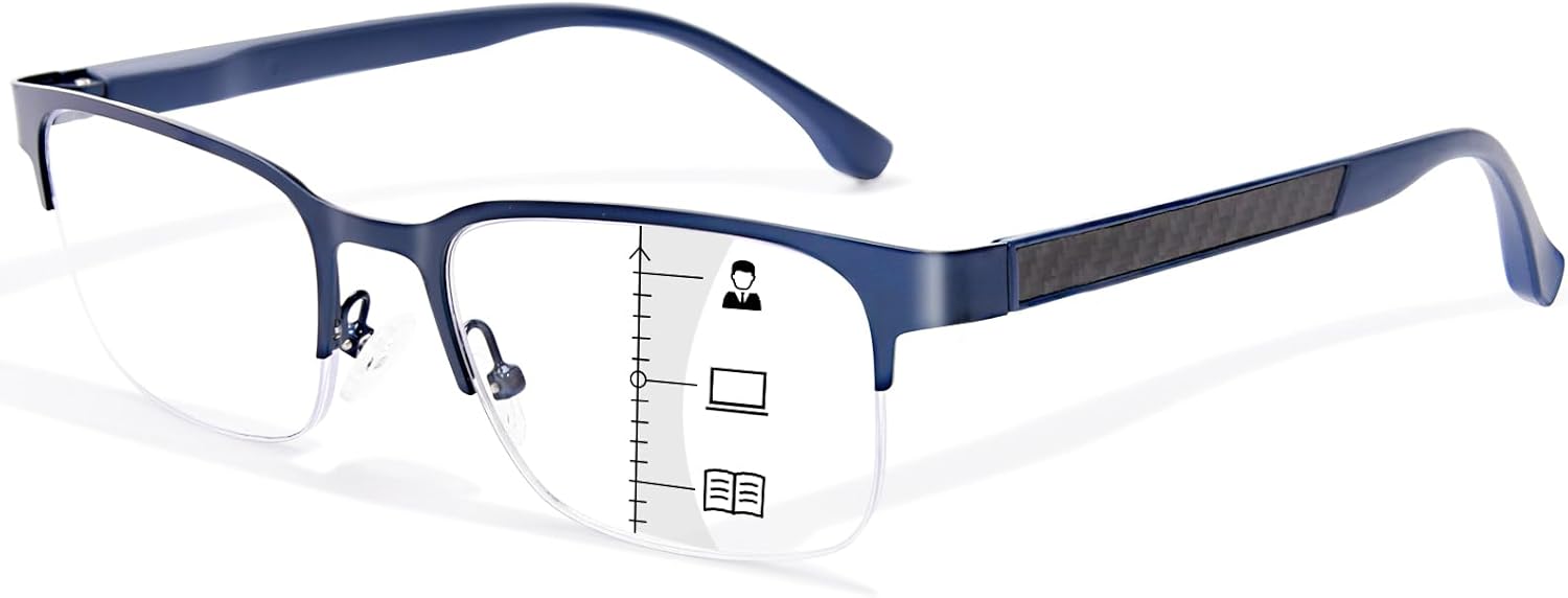 FONHCOO Progressive Multifocal Reading Glasses for Women Men, Metal Half Frame Blue Light Computer Readers with Spring Hinges