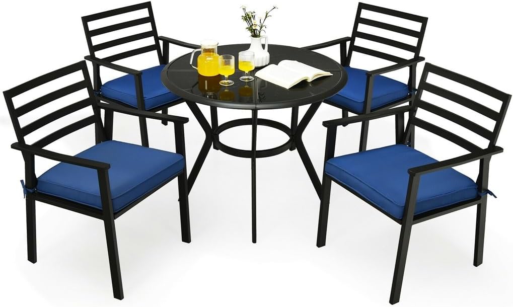 5PCS Outdoor Patio Dining Chair Table Set Cushioned Sofa Glass Garden