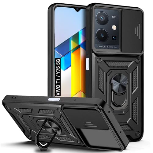 Image of AESTMO Tough Armor Vivo T1 5G / Y75 5G / iQOO Z6 5G Bumper Back Case Cover | Ring Holder & Sliding Camera Shield Cover | 360 Degree Protection Back Case Cover (Black)