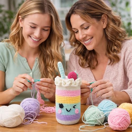 Image of HOUSE CREATIVITY Crochet Kit for Beginners, Make a Cup with Straw, Amigurumi Crochet Kit with Video Tutorial, Complete Set with Yarn, Hook & Stuffing, Cozy Stress Relief Gift for Adults & Kids