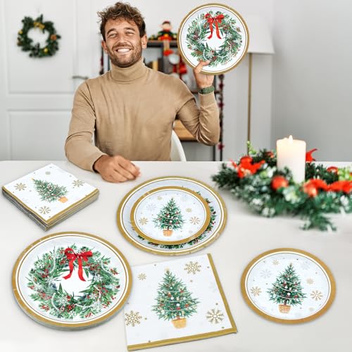 ZVK 150 Christmas Party Paper Plates Set Disposable Dessert Plates Dinner Plates with Napkins – Image 6