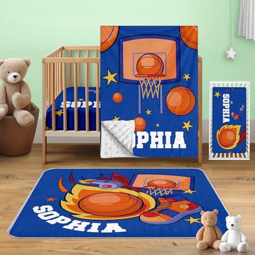 Rucekia Custom Name Blue Crib Bedding Set for Boys Girls: Personalized Basketball Crib Bedding Set Including Blanket Crib Fitted Sheet and Toddler Play Mat, Newborn Gift Crib Sets with Name