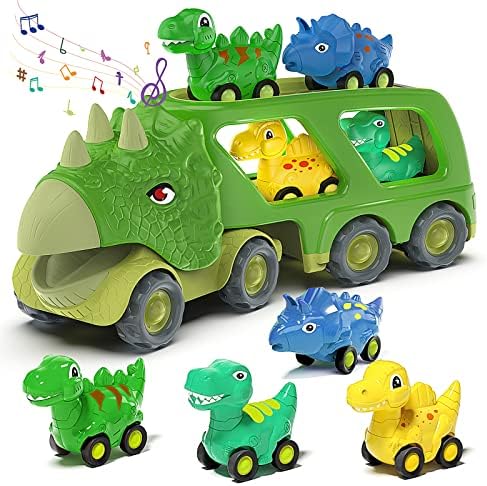 Car Toy for 2 3 4 5 Years Old Boys, Dinosaur Transport Carrier Truck with 4 Pack Small Pull Back Dino Car, Friction Power Vehicle Christmas Birthday Gift for 18M+ Kids Toddler