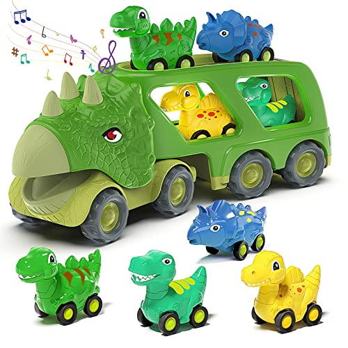 Car Toy For 2 3 4 5 Years Old Boys, Dinosaur Transport Carrier Truck With 4 Pack Small Pull Back Dino Car, Friction Power Vehicle Christmas Birthday Gift For 18M+ Kids Toddler #TOP3