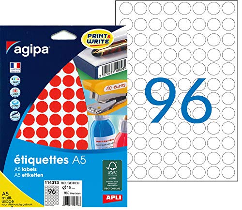 Agipa adesiva Adesivi circolari, diametro: 15 mm, 0, cm, rotondo, colore: rosso