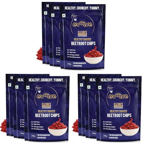 Image of Evolve Beetroot Chips Healthy Snacks for Kids, Adults | Gluten Free, Vacuum Fried, Low Calorie, Vegan | No Additives, Ready to Eat, Masala Flavor - 100g Pack of 9