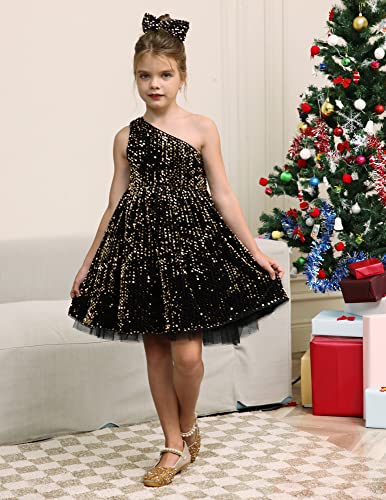 GRACE KARIN Girls Sequin Dress One Shoulder Wedding Party Gown with Hair Bow 5-12Y3