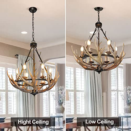 Debemenes Rustic Antler Chandelier 6 Lights, Farmhouse Chandeliers With Resin 6 Antlers And Retro Metal Wagon Wheel Vintage Style For Dining Room, Kitchen, Living Room, Cabin Ul Listed #TOP6