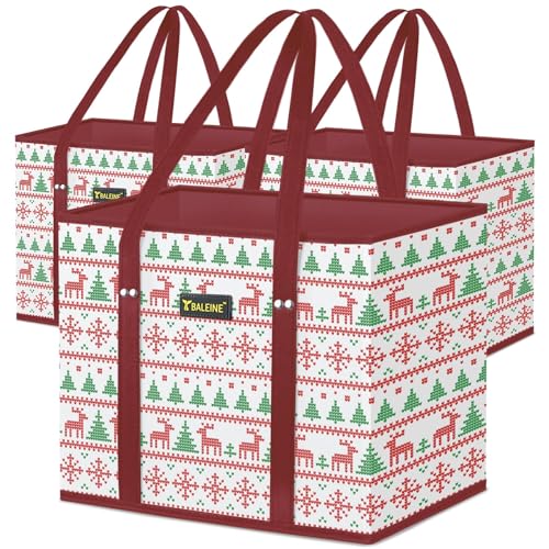 BALEINE 3Pk Reusable Grocery Bags, Foldable Shopping Bags for Groceries with Reinforced Bottom & Handles (Reindeers)