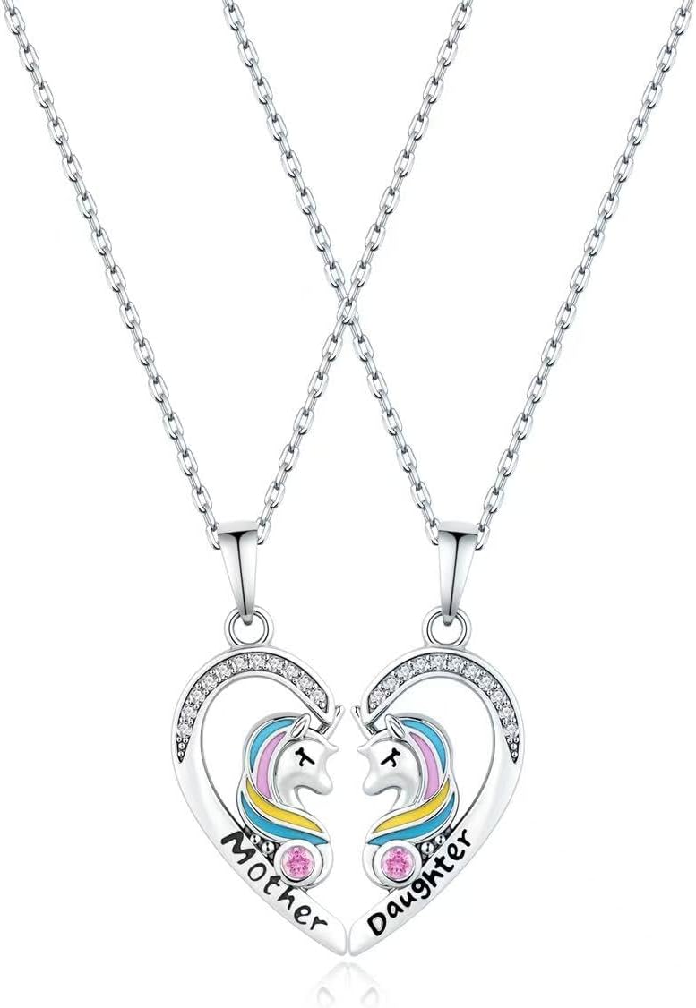 S925 Sterling Silver Mother and Daughter Mom Heart Necklace for 2 Women Jewelry Gift Set