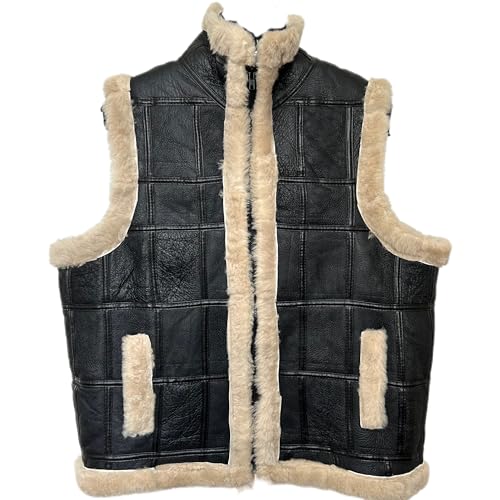 LVCOMEFF Unisex Sheepskin Vest Shearling Lined Sleeveless Jacket Gilet Warm High-collar Outerwear with Pocket