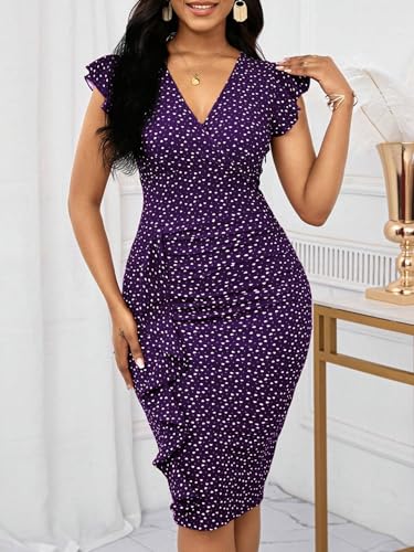 Image of Yajedo Women's Summer Bodycon Midi Dress Print Ruffled Sleeves V Neck Ruched Cocktail Pencil Dress