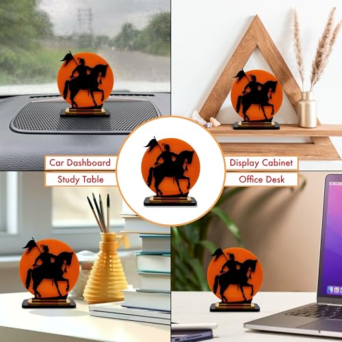 Image of Chatrapati Shivaji Maharaj Acrylic Idol | Decorative Table Showpiece with Orange Background & Silhouette Design | Car, Home, Office & Gift Decor, 4 Inch