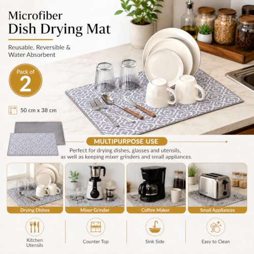 Image of Cutting EDGE Microfiber Dish Drying Mat - Water Absorbent & Reversible for Kitchen Utensils, Counter Top, Sink (Pack of 2, Grey Color, Combo)