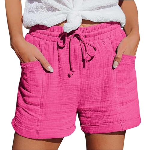 2025 Pantalones Cortos Mujer Verano Frescos Lino Algodon Shorts Cintura Elástica y Cordón Ajustable Casual Bolsillos Bermudas de Vestir Elegante Pantalones Cortos Sueltos para Playa Diario Yoga