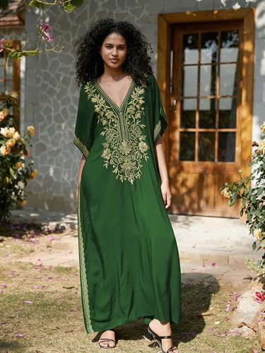 Women V Neck Embroidery Kaftan Dress Loose Casual Beach Cover Up Long Caftans Maxi Dresses2