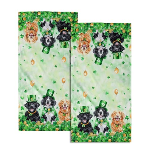 St Patrick's Day Dogs Hand Towel Set of 2 Lucky Clover Shamrocks Decorative Hand Towels for Bathroom Irish Green Kitchen Dish Towel St Patrick's Soft Absorbent Face Fingertip Towels for Guest Gym Spa