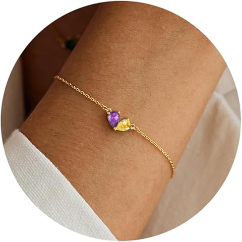 RLMOON Gold Bracelets for Women Dainty 2 Birthstones Heart Bracelet 14K Gold Plated Red CZ Bracelets for Bridesmaid Mother and Daughter Anniversary Birthday Gift