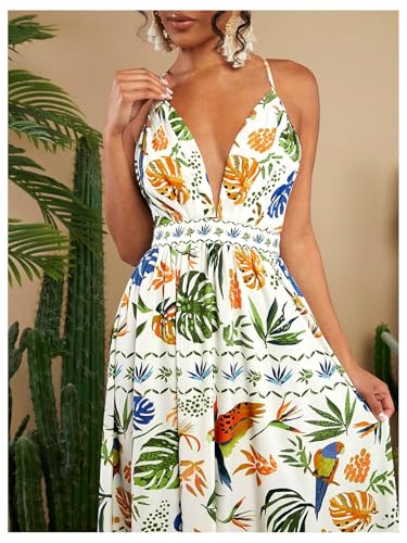 Image of SHENHE Women's Summer Tropical Sundress Deep V Neck Criss Cross Backless Flowy Maxi Dress