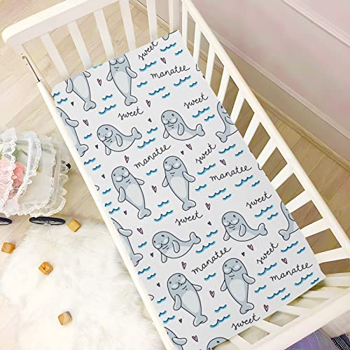 Image of Sea Manatee Valentines Crib Sheets Soft Breathable Fitted Baby Playard Sheets Mattress Cover for Girl Boys, 39 inch x 27 inch x 5 inch