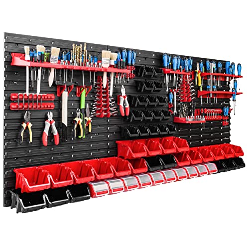 Système de rangement mural pour atelier et garage 172 x 78 cm Avec 50 boîtes empilables et supports d’outils Panneau porte-outil perforé ultra solide