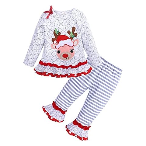 XFGLCK Toddler Kids Baby Girls Christmas Outfits Santa Print Flare Tunic Long Sleeve Dress Shirt Pants Headband Winter Sets (Grey, 18-24 Months) Cover