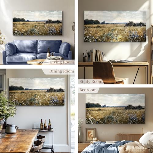 crmotu Landscape Wall Art, Nature Wall Decor, Oversized Wall Art, Wildflowers Field Canvas Art Prints, Vintage Rural Meadow Pictures Wall Decor Living Room Bedroom Dining Room Office Hallway 30"X60"
