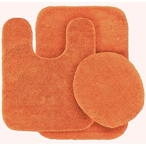 3pc Solid Non Slip Soft Bath Rug Set for Bathroom U-Shaped Contour Rug, Mat and Toilet Lid Cover New# Angela (Orange) Cover