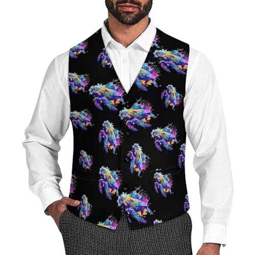 Watercolor Sea Turtle Mens Suit Vest Waistcoat Formal V Neck Business Dress for Wedding Party