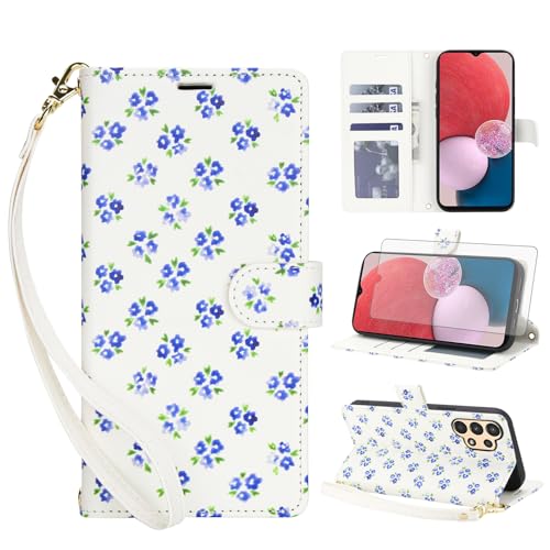 Image of Asuwish Mobile Phone Case for Samsung Galaxy A13 4G/5G A04S Case with Screen Protector and Flowers Card Slot Foldable Leather Wallet Stand A 13 LTE 13A A135F AO4s 04S A047F S13 M13 Protective Phone