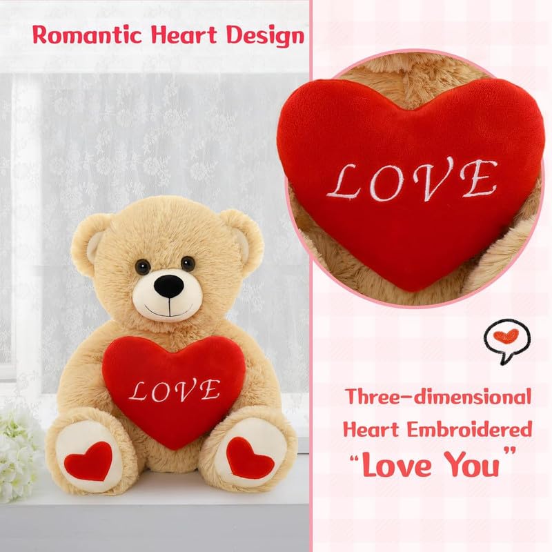 Image of Soft Toys Teddy Bear with Red Heart Valentine's Day Bear Stuffed Animal Plush Toy Lovable and Huggable Gift for Birthdays & Occasions (Brown) (Size 14 Inch)