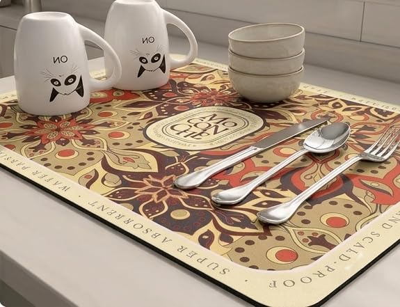 Image of HomeCloud Dish Drying Mat for Kitchen Counter - Super Absorbent, Non-Slip & Heat-Resistant - Quick Dry Rack Pad for Dishes, Utensils, Coffee Maker - Stain-Hiding Design (Beige Brown)