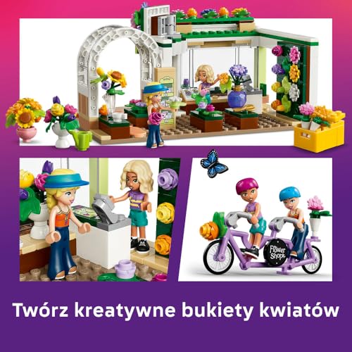 LEGO Friends Kreatywna kwiaciarnia, zabawka konstrukcyjna do zabawy w sklep, 2 minilaleczki i kompozycje kwiatowe, pomysł na prezent dla dziewczynki lub chłopca od 7 lat 42693