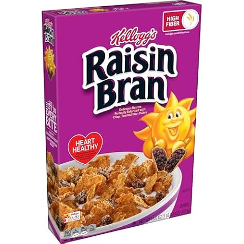 Kellogg's Raisin Bran Cold Breakfast Cereal, High Fiber Cereal, Made with Real Fruit, Original (10 Boxes)