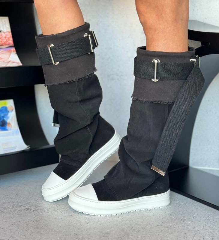 MissHeel Flat Mid Calf Slouch Boots for Women with Belt Tall Sneaker Boots2