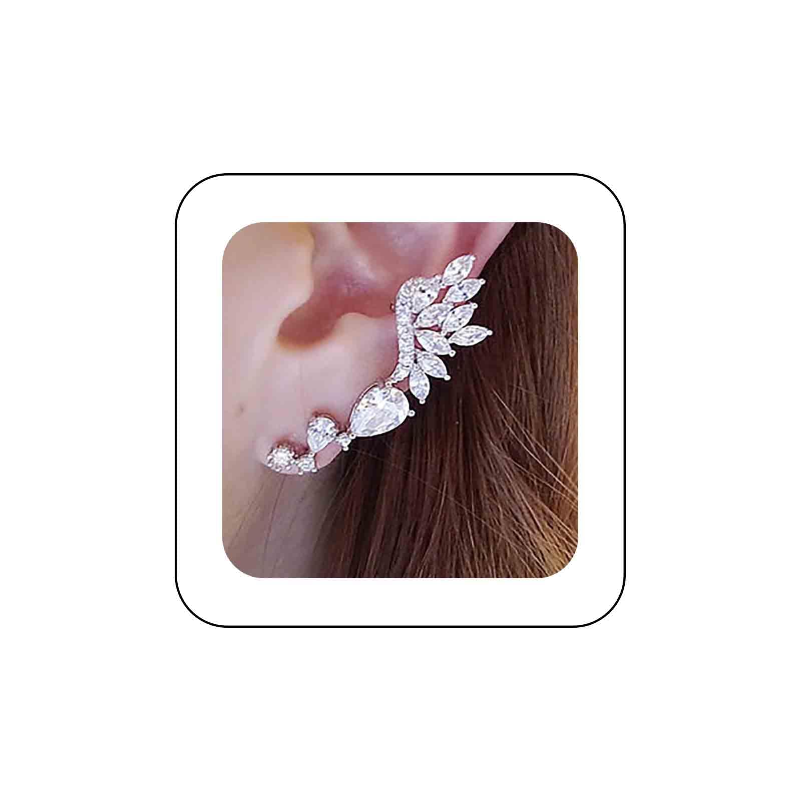 Sttiafay Vintage Crystal Ear Climber Earrings Angel Wing Ear Cuff Earrings Cz Crystal Ear Crawler Earrings Silver Cz Teardrop Stud Cuff Wrap Earrings Jewelry for Women and Girls