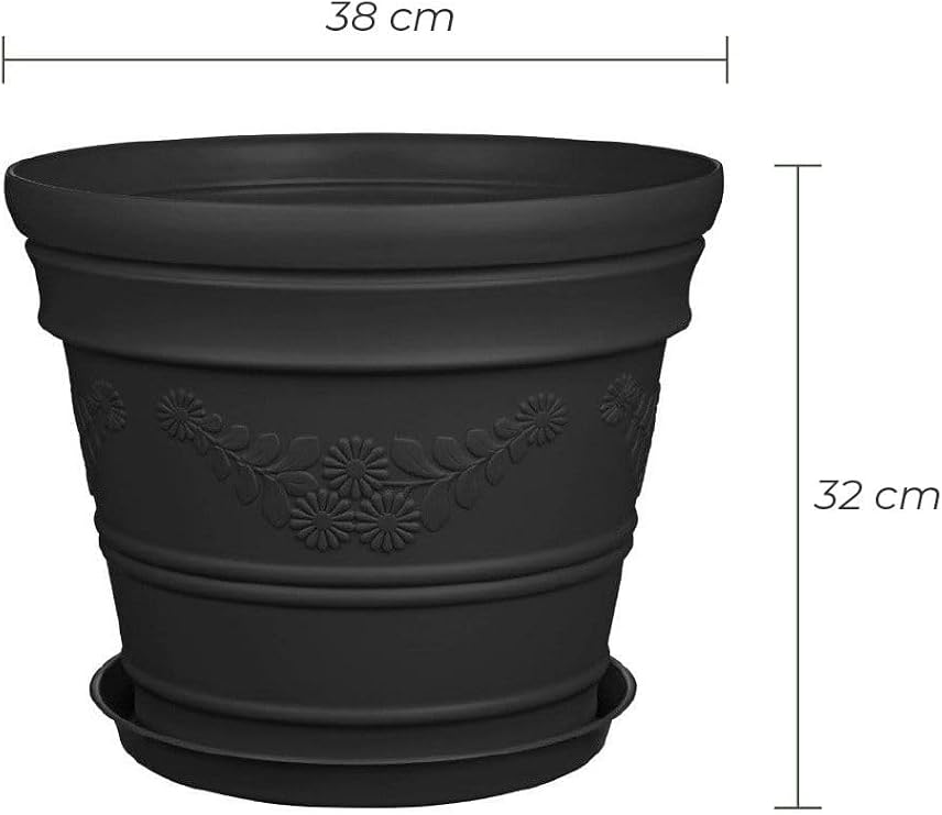 Antik Papatya Desenli Siyah Renk Saksı 21 Litre Siyah