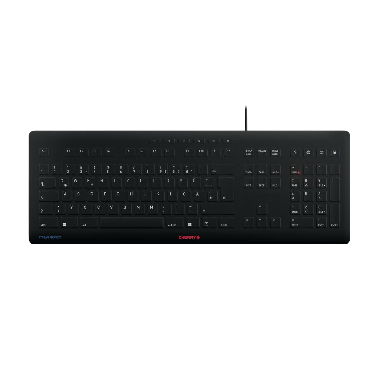 CHERRY STREAM PROTECT KEYBOARD, Kabelgebundene Tastatur mit Abnehmbarem Silikon-Tastaturschutz, Deutsches Layout (QWERTZ), Flach, Desinfizierbar, Schwarz
