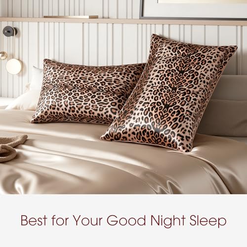 Image of WLOSJ100% Silk Pillow Cases 2 Pack Queen Size Mulberry Silk Pillowcase for Hair and Skin Set of 2 Highest Grade 6A Silk Soft Breathable Cooling with Hidden Zipper, Leopard