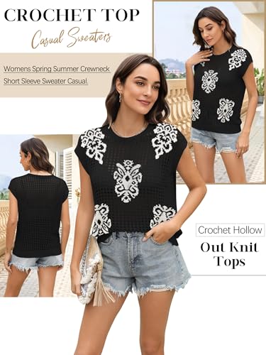 Image of Womens Summer Crochet Tops Hollow Out Cap Sleeve Cover Up Tank Top Pullover Sweater Vest Beach Vacation Clothes