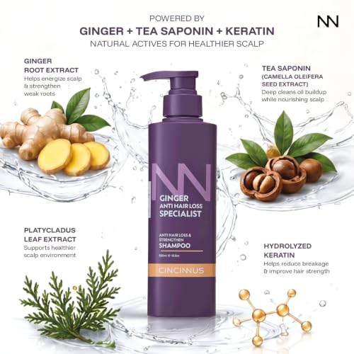 Image of Cincinnus Ginger Anti Hair Loss & Strengthening Shampoo with Camellia & Keratin | Reduces Hair Fall, Strengthens Roots | Daily Care for Weak, Thinning Hair | Growth Support(500ml)