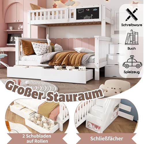 FEZTOY Etagenbett mit 2 Schubladen Kinder Bett mit Treppe, Hochglanz Kinderbetten Funktionsbett Etagenbett Stockbett Kinderhochbett Jugendhochbett, weiß fur 3 Kinder