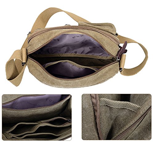 Ecokaki(Tm) Vintage Fashion Multi-Pocket Canvas Hiking Traveling Satchel Crossbody Bag Shoulder Messenger Bag, Khaki #TOP1