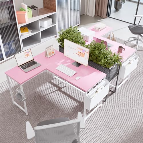 Image of Pamray 47 Inch Reversible L Shaped Gaming Desk Corner Computer Desk with Storage Bag Home Office Table for Writing Study Pink