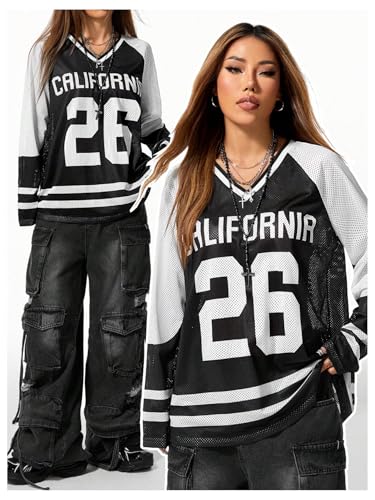 Women's Y2k Baggy Jersey Oversize T Shirt Letter Number Graphic Sport Soccer Jersey Striped Football T Shirts Tops4