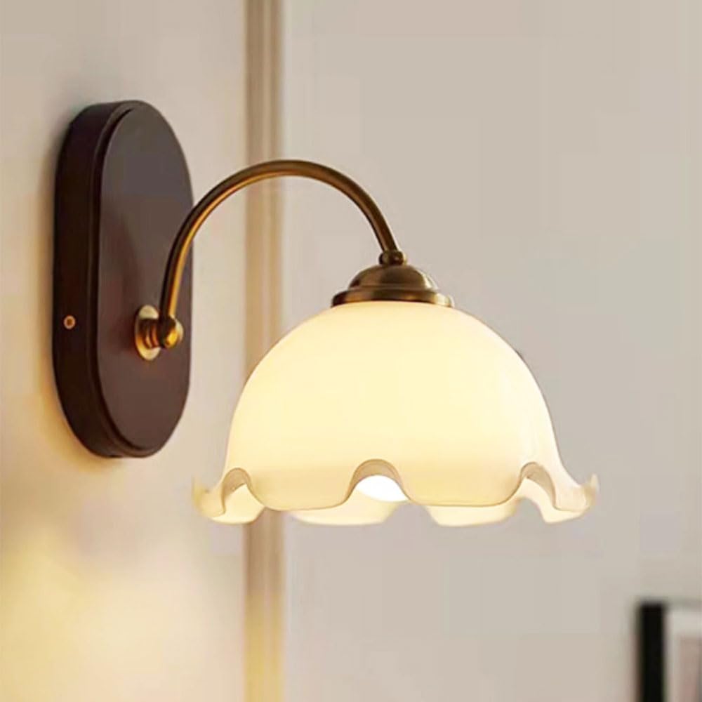 HUAYUSEDF Flower Glass Wall Sconce Wood Rustic Farmhouse Light Fixtures Mid Century Modern Milk Hardwired Antique Mounted Lamp for Bedroom Living Room Kitchen