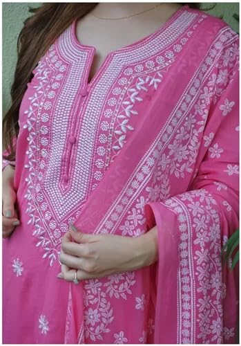 Image of BHARVITA Women's Cotton Embroidered Chikankari Work Straight Kurta Dupatta Pant Set