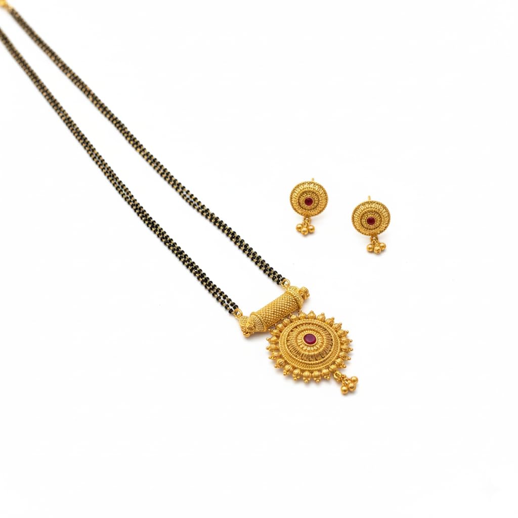 Traditional Maharashtrian Mangalsutra with Round Pendant & Earrings | Gold Plated Black Bead Long Chain | Micropolish Design Jewelry for Women & Girls