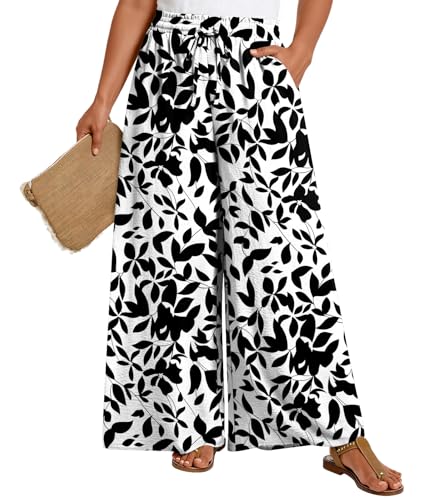 LONGYUAN Wide-Leg Palazzo Pants (Black Leaf Print, Plus Size)