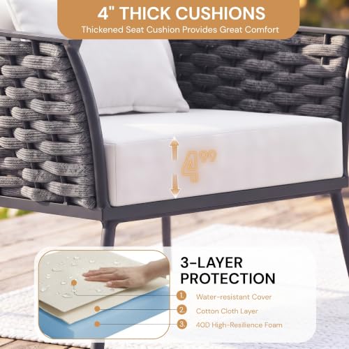 Image of DEVOKO 6-Seater Outdoor Rope Conversation Set with Wooden Top Table Water-Resistant Cushions, Strong Metal Frame High Weight Capacity Furniture for Garden, Terrace, Backyard(Blackish Grey & Off-white)